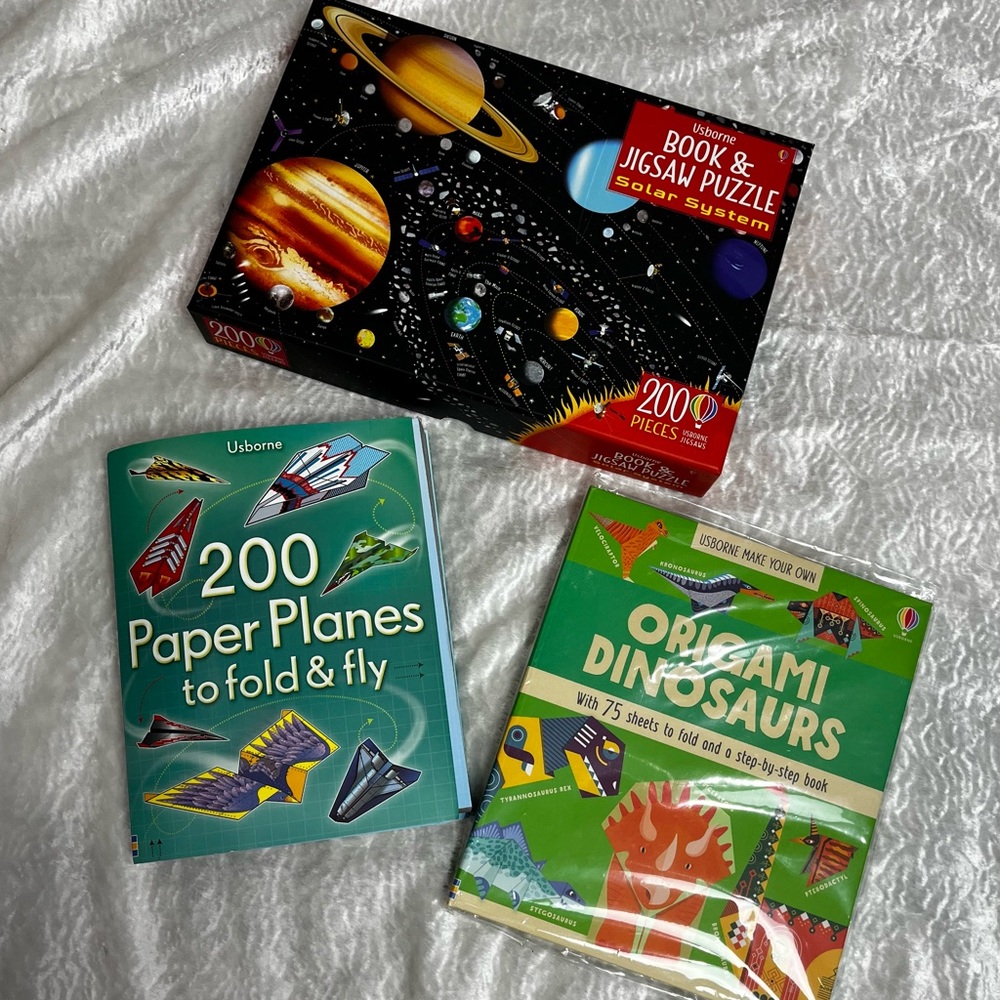 Usborne- Solar System Puzzle,Dinosaur Origami and Paper Plane book. All New!